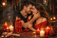 Casal em momento íntimo com velas e rituais