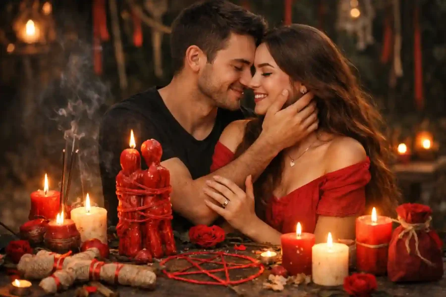 Casal em momento íntimo com velas e rituais